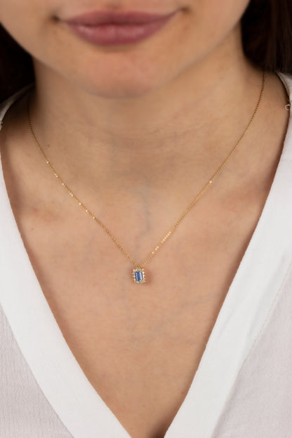 Rectangle Blue Topaz Necklace with Real Diamond 14K Solid Gold, December Birthstone