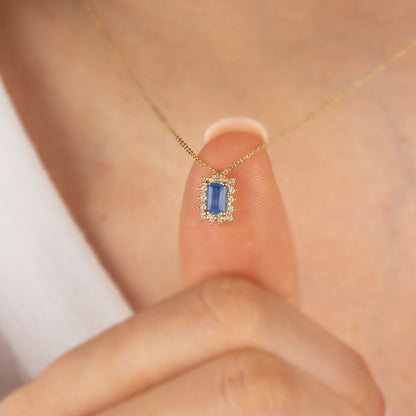 Rectangle Blue Topaz Necklace with Real Diamond 14K Solid Gold, December Birthstone