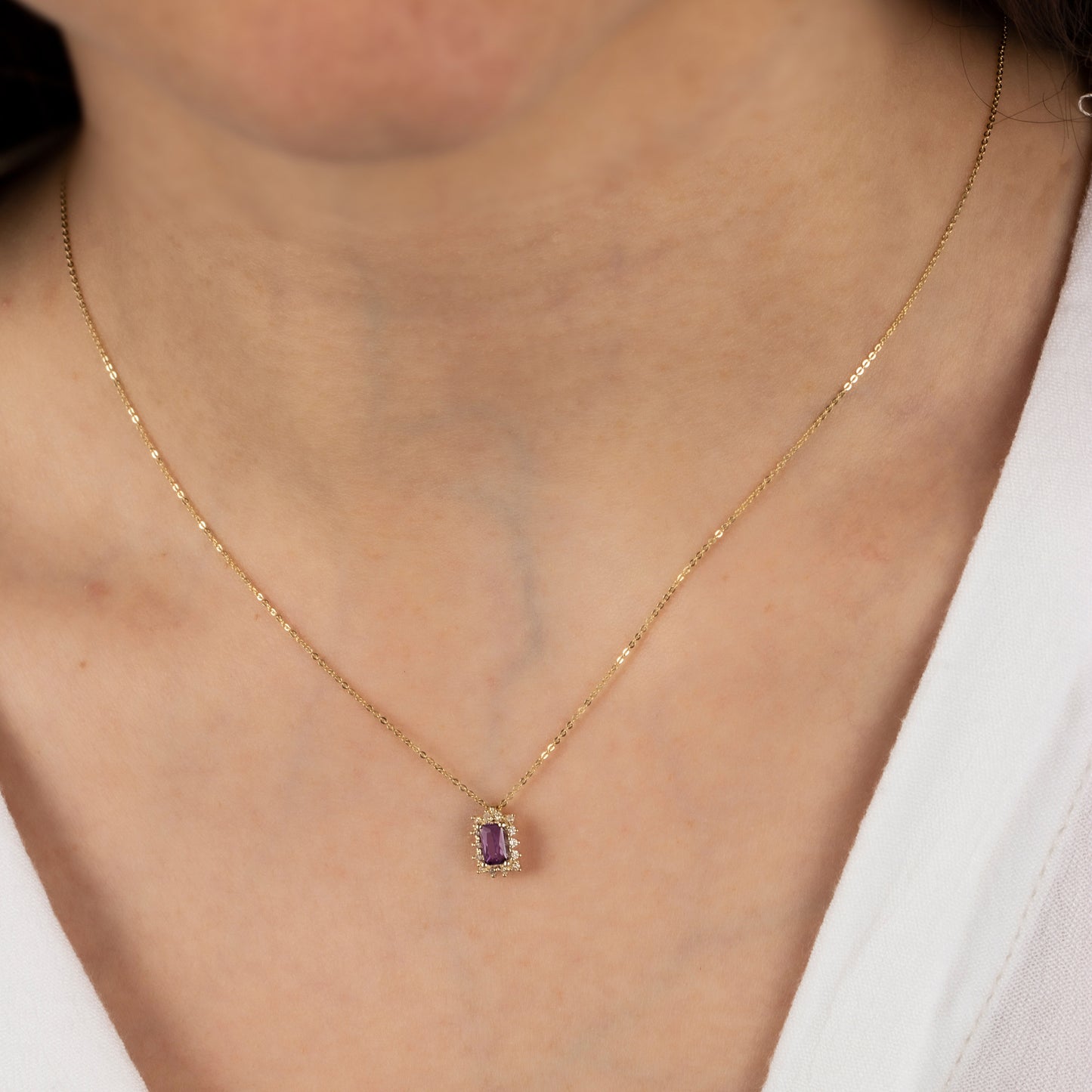 Rectangle Amethyst Necklace with Real Diamond 14K Solid Gold, February Birthstone