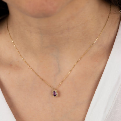 Rectangle Amethyst Necklace with Real Diamond 14K Solid Gold, February Birthstone