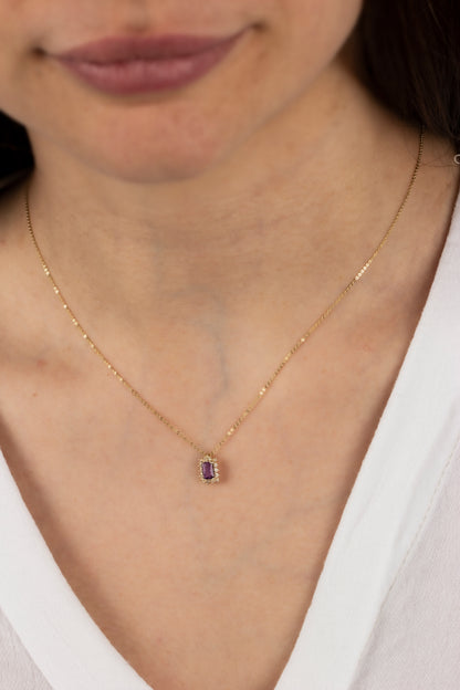 Rectangle Amethyst Necklace with Real Diamond 14K Solid Gold, February Birthstone