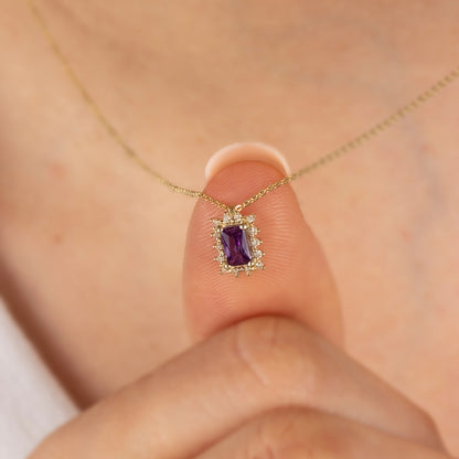 Rectangle Amethyst Necklace with Real Diamond 14K Solid Gold, February Birthstone