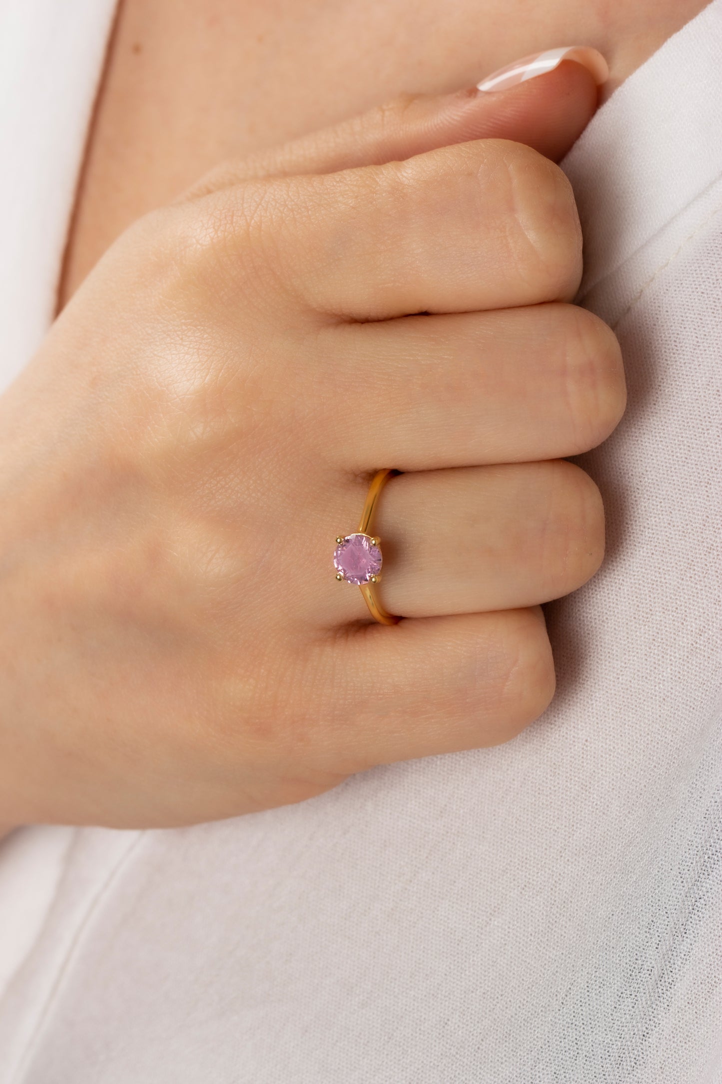 Round Pink Tourmaline Ring 8K/10K/14K Solid Gold, October Birthstone