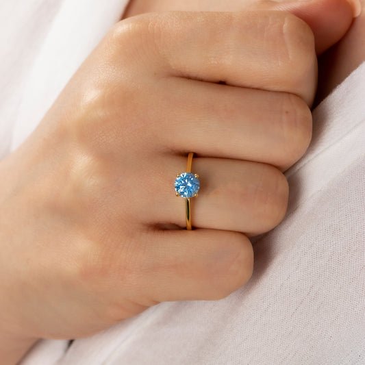 Round Aquamarine Ring 8K/10K/14K Solid Gold, March Birthstone