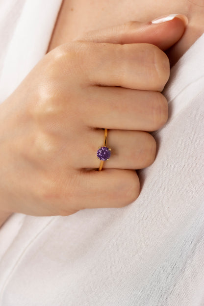 Round Amethyst Ring 8K/10K/14K Solid Gold, February Birthstone