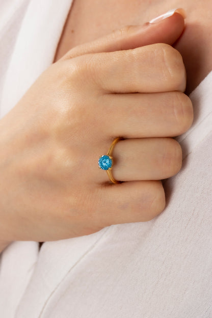 Round Blue Topaz Ring 8K/10K/14K Solid Gold, December Birthstone