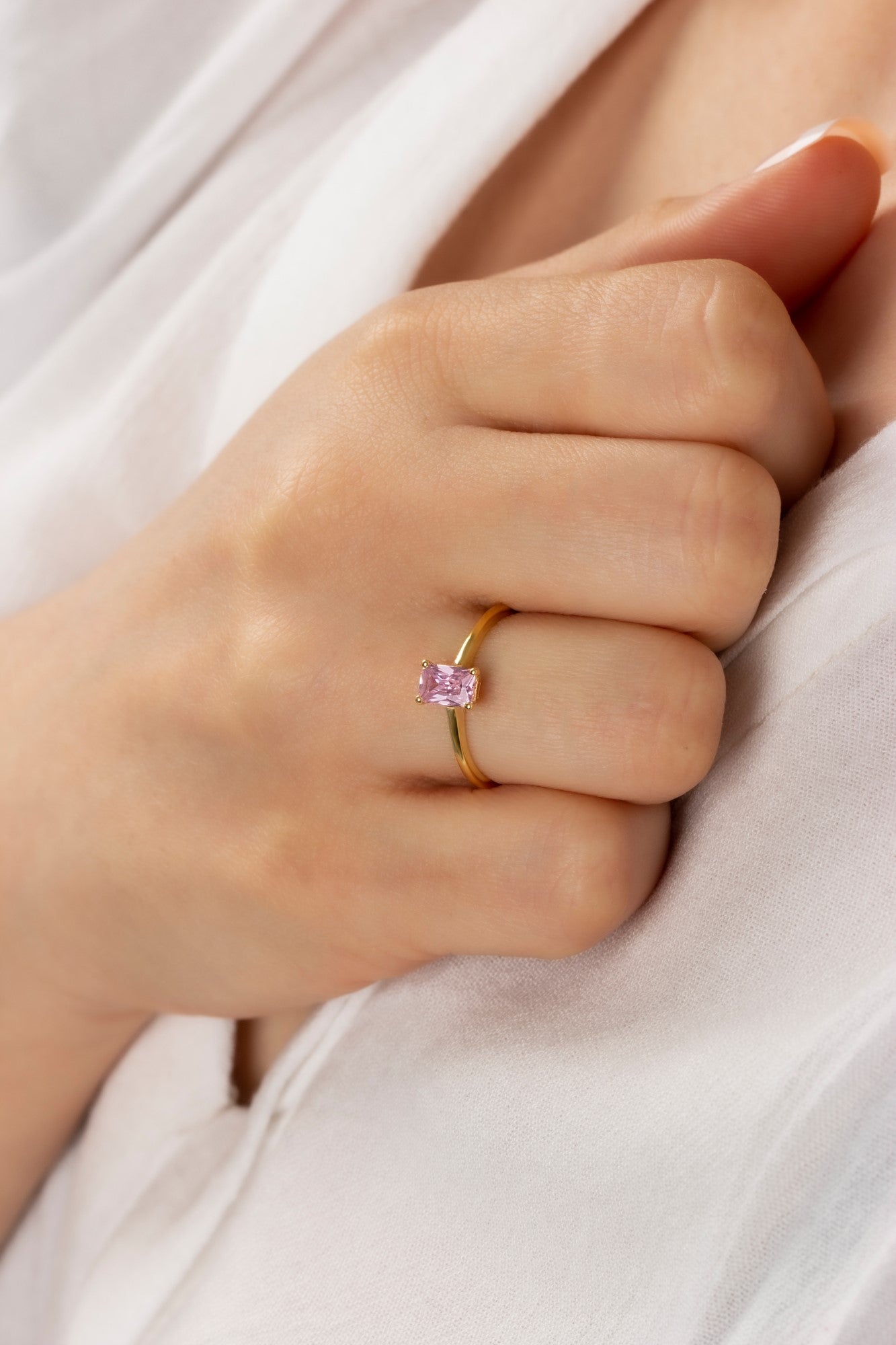 Rectangle Pink Tourmaline Ring in 14K Solid Gold | October Birthstone Queen Jewelry Rings