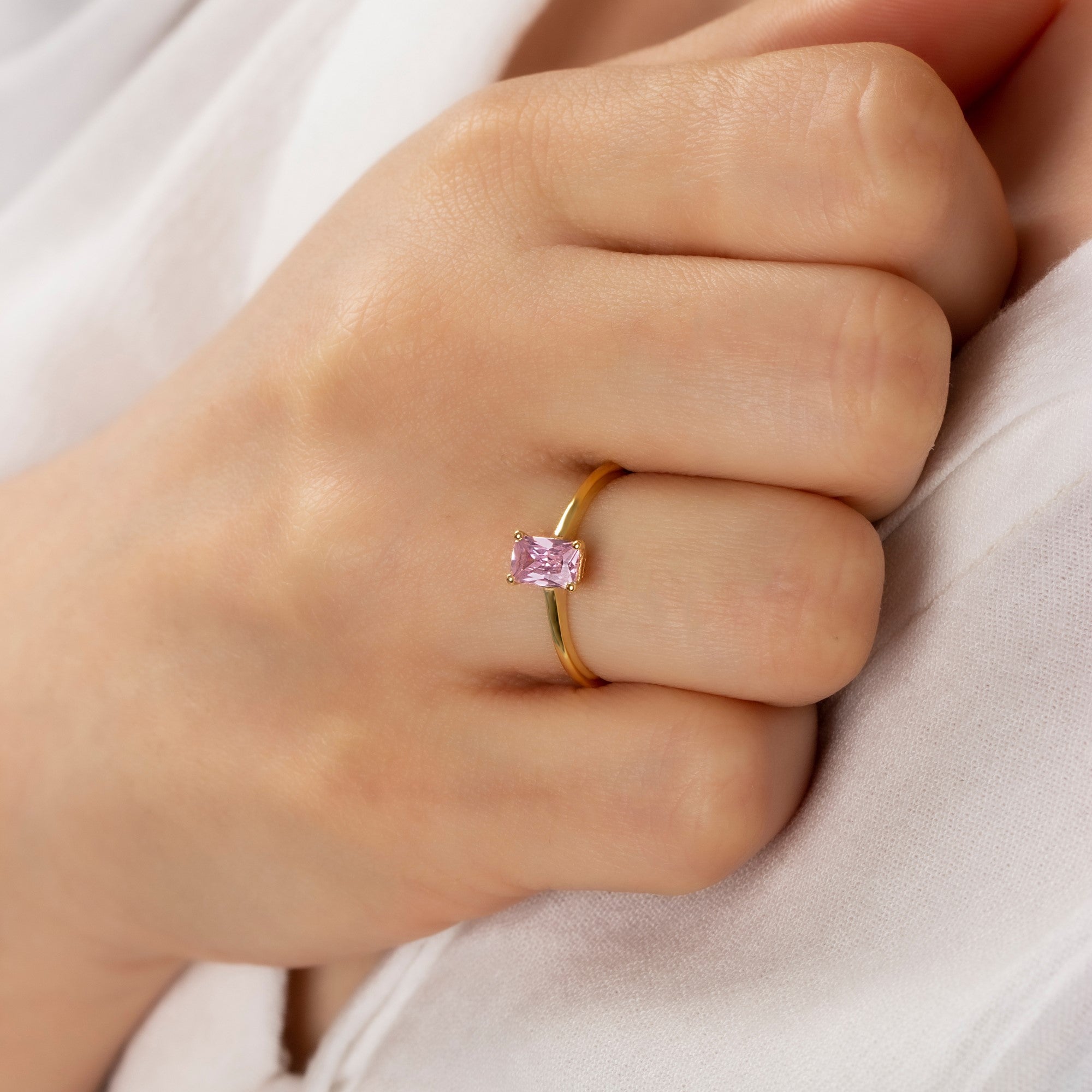 Rectangle Pink Tourmaline Ring in 14K Solid Gold | October Birthstone Queen Jewelry Rings
