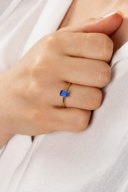 Rectangle Sapphire Ring in 14K Solid Gold | September Birthstone Queen Jewelry Rings