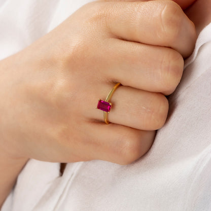 Rectangle Ruby Ring in 14K Solid Gold | July Birthstone Queen Jewelry Rings
