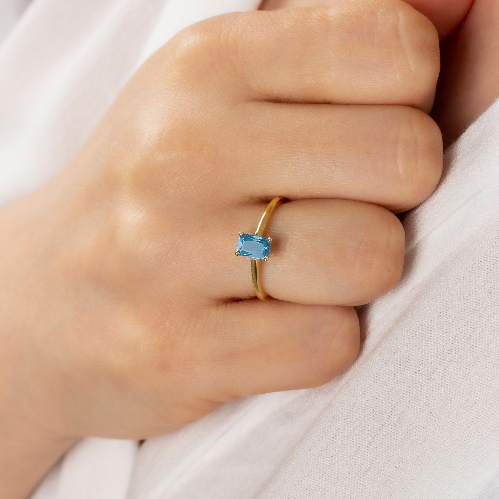 Rectangle Blue Topaz Ring in 14K Solid Gold | December Birthstone Queen Jewelry Rings