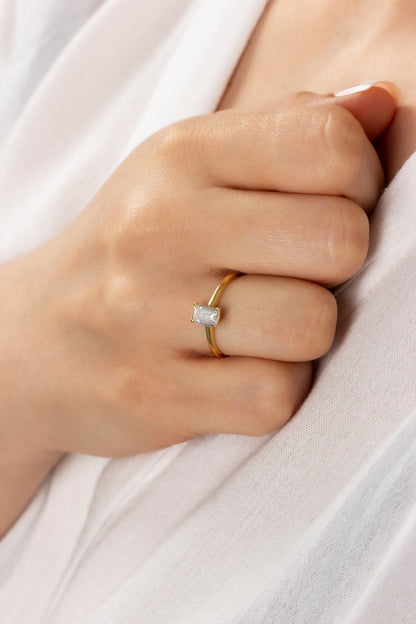 Rectangle White Topaz Ring in 14K Solid Gold | April Birthstone Queen Jewelry Rings