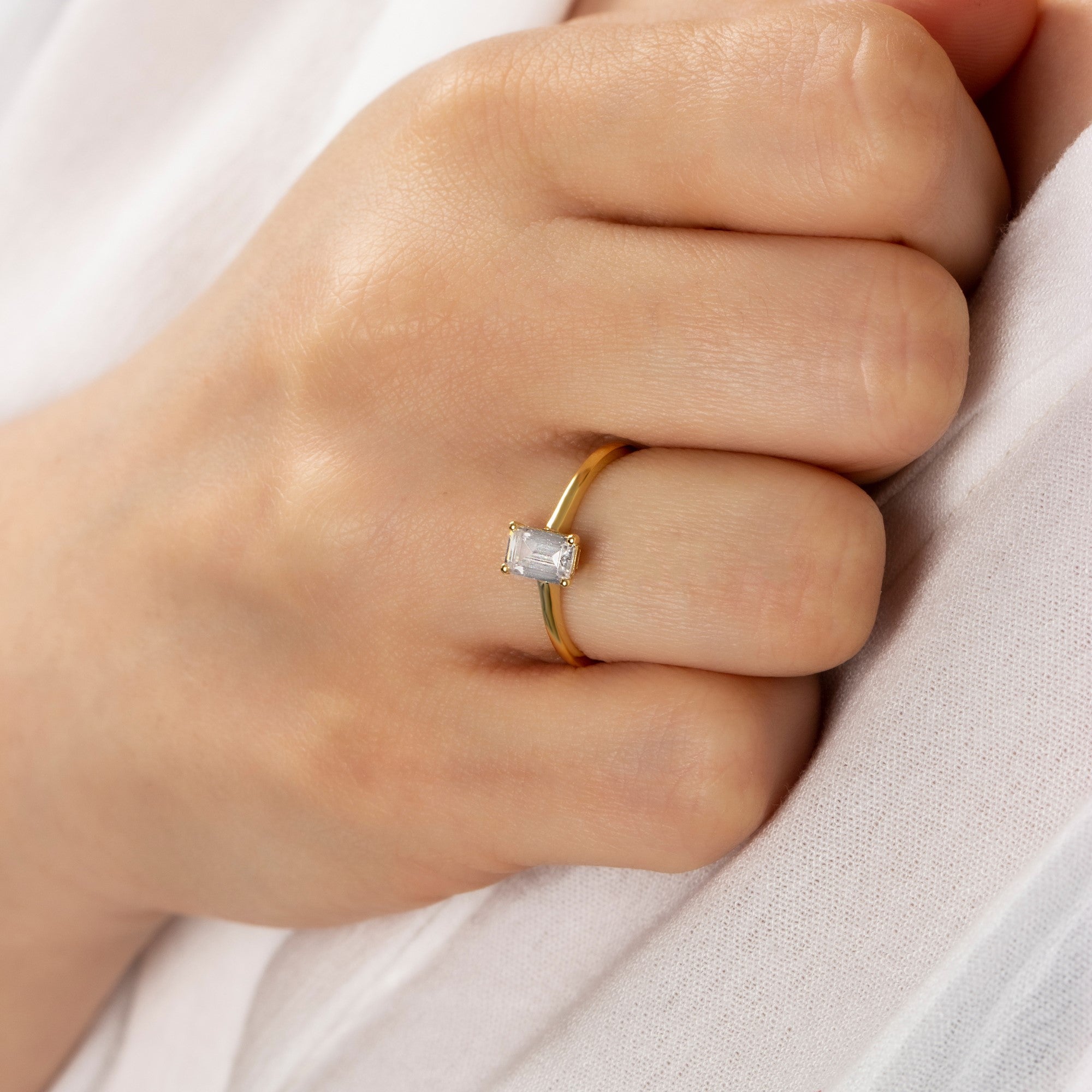 Rectangle White Topaz Ring in 14K Solid Gold | April Birthstone Queen Jewelry Rings