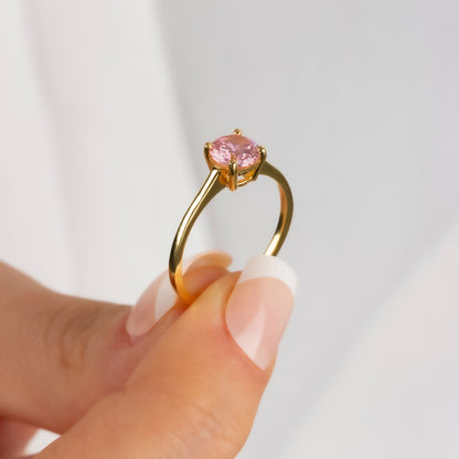 Round Pink Tourmaline Ring 8K/10K/14K Solid Gold, October Birthstone