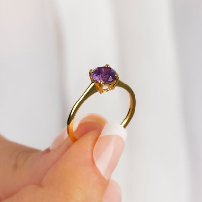 Round Amethyst Ring 8K/10K/14K Solid Gold, February Birthstone