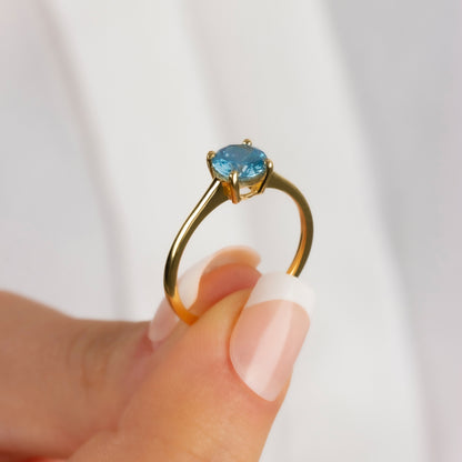Round Blue Topaz Ring 8K/10K/14K Solid Gold, December Birthstone