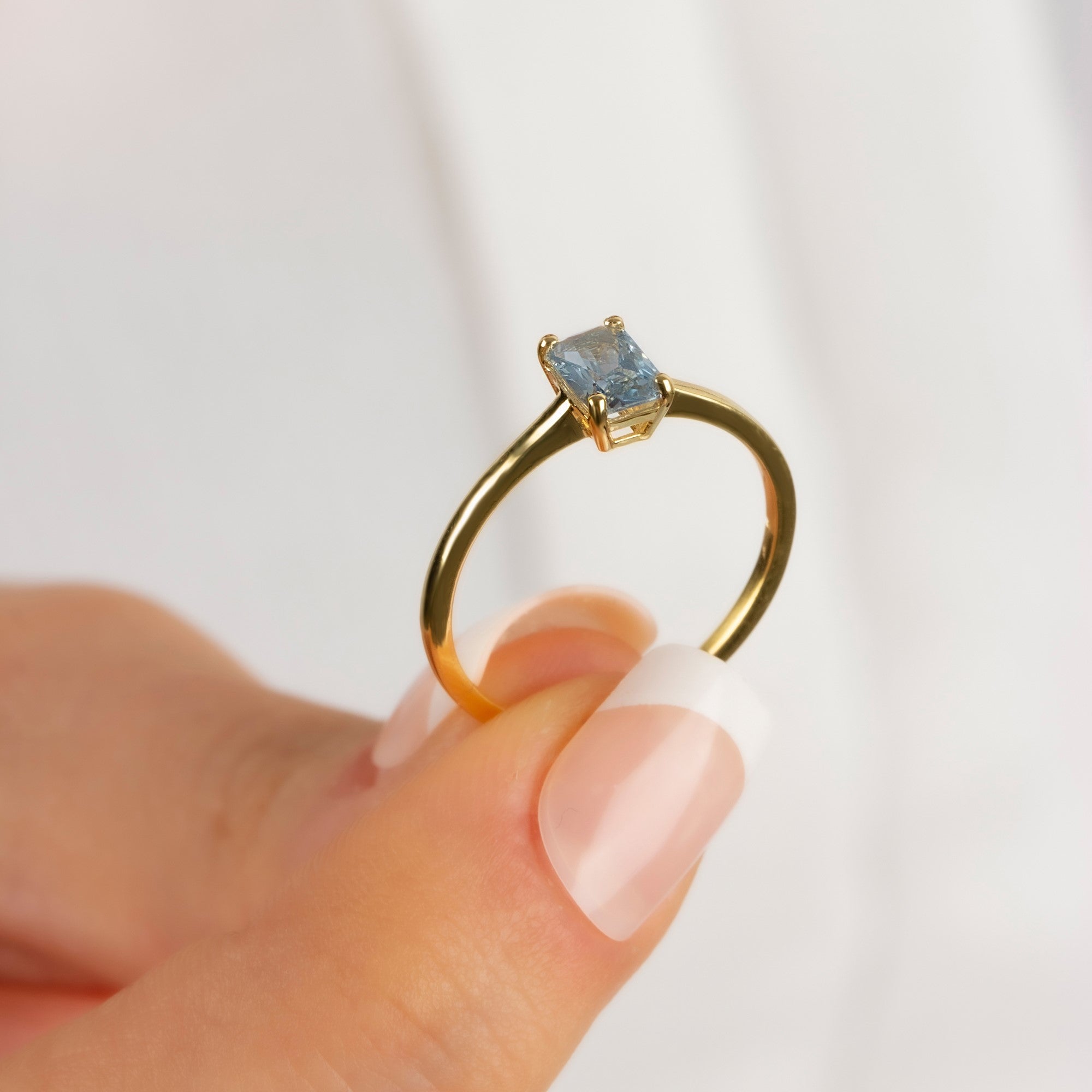 Rectangle Aquamarine Ring in 14K Solid Gold | March Birthstone Queen Jewelry Rings