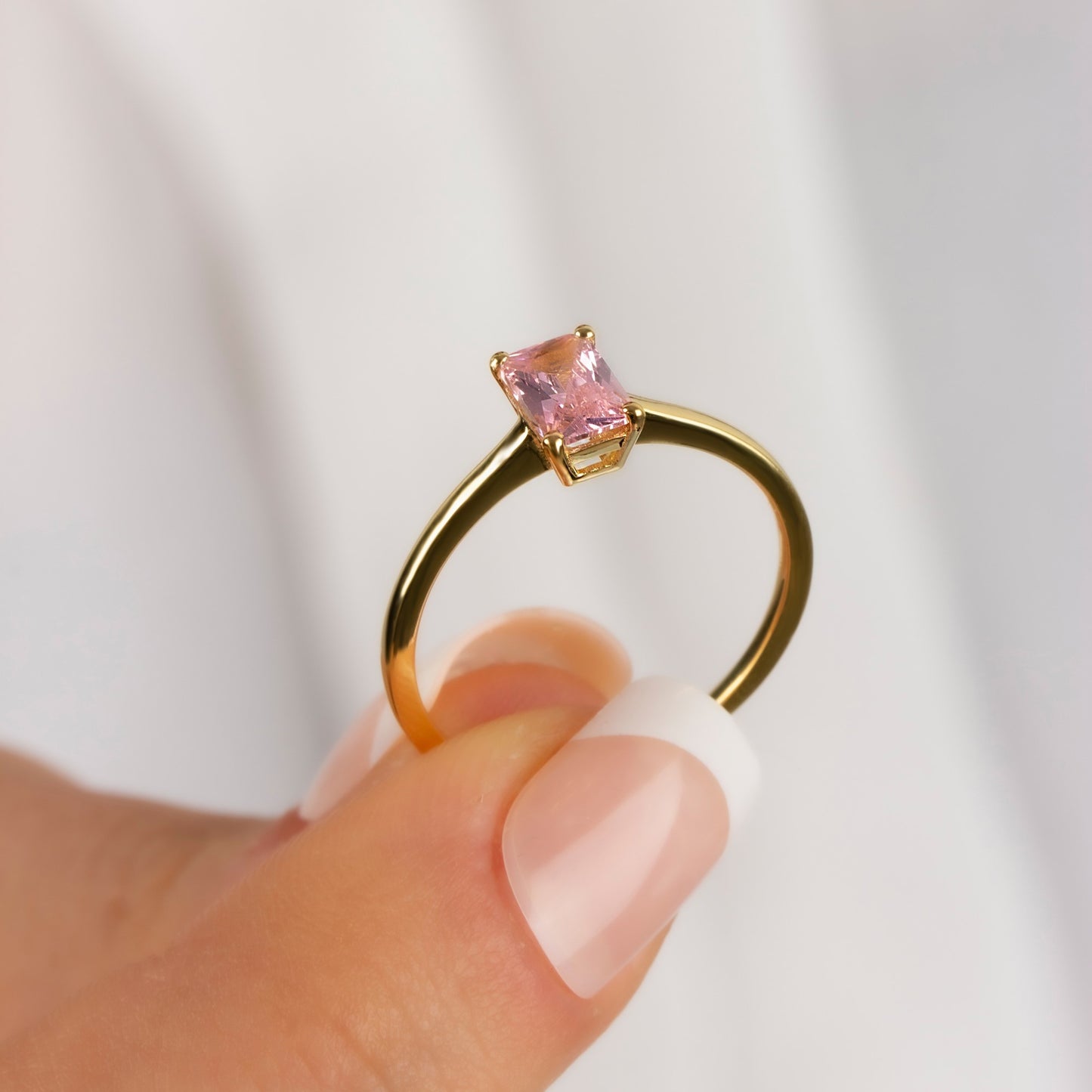 Rectangle Pink Tourmaline Ring in 14K Solid Gold | October Birthstone Queen Jewelry Rings