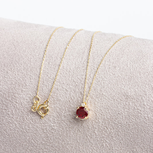 Round Garnet Necklace with Real Diamond in 14K Solid Gold, January Birthstone Queen Jewelry Necklace