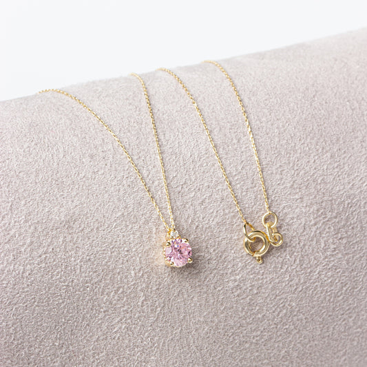 Round Pink Tourmaline Necklace with Real Diamond in 14K Solid Gold, October Birthstone Queen Jewelry Necklace