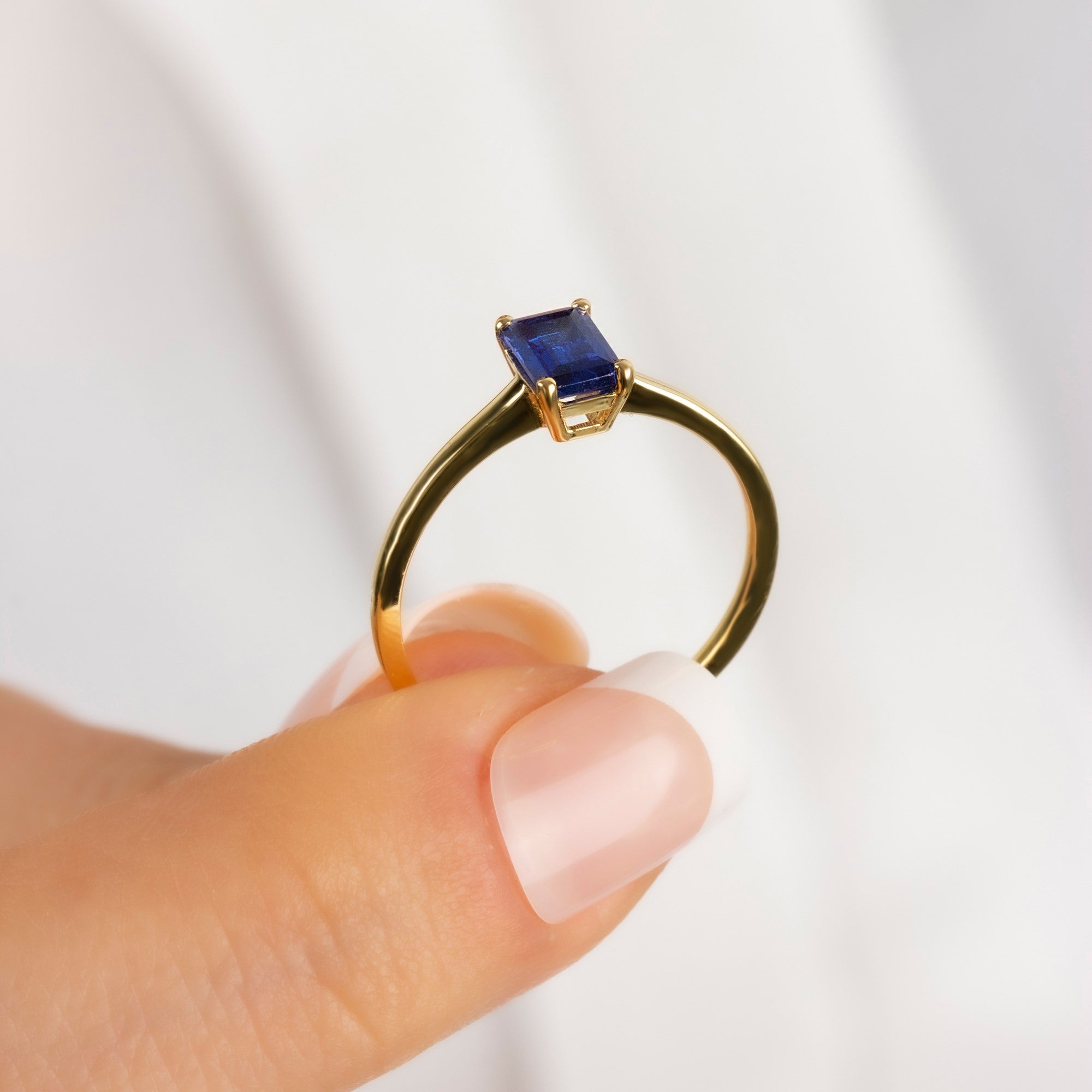 Rectangle Sapphire Ring in 14K Solid Gold | September Birthstone Queen Jewelry Rings