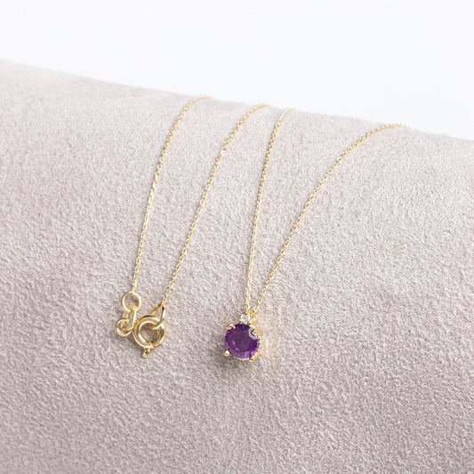Round Amethyst Necklace with Real Diamond in 14K Solid Gold, February Birthstone Queen Jewelry Necklace