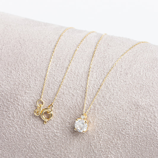 Round White Topaz Necklace with Real Diamond in 14K Solid Gold, April Birthstone Queen Jewelry Necklace