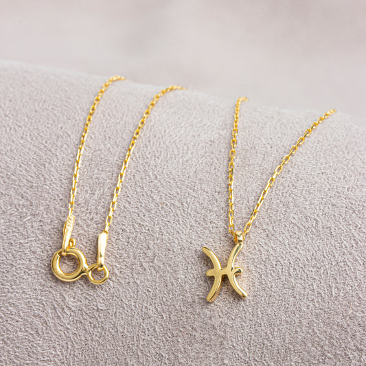 Pisces Zodiac Sign in 14K Solid Gold Necklace | Minimalist Horoscope Symbol Queen Jewelry Necklace