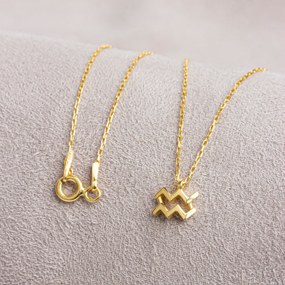 Aquarius Zodiac Sign in 14K Solid Gold Necklace | Minimalist Horoscope Symbol Queen Jewelry Necklace