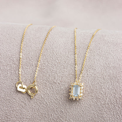 Rectangle Aquamarine Necklace with Real Diamond 14K Solid Gold, March Birthstone