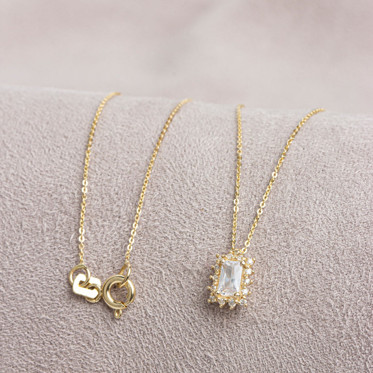 Rectangle White Topaz Necklace with Real Diamond 14K Solid Gold, April Birthstone