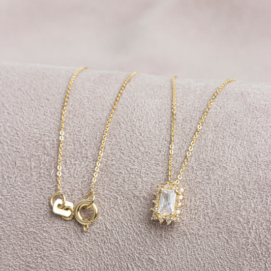 Rectangle White Topaz Necklace with Real Diamond 14K Solid Gold, April Birthstone