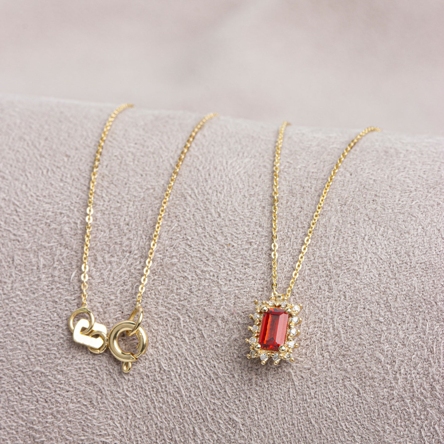 Rectangle Garnet Necklace with Real Diamond 14K Solid Gold, January Birthstone