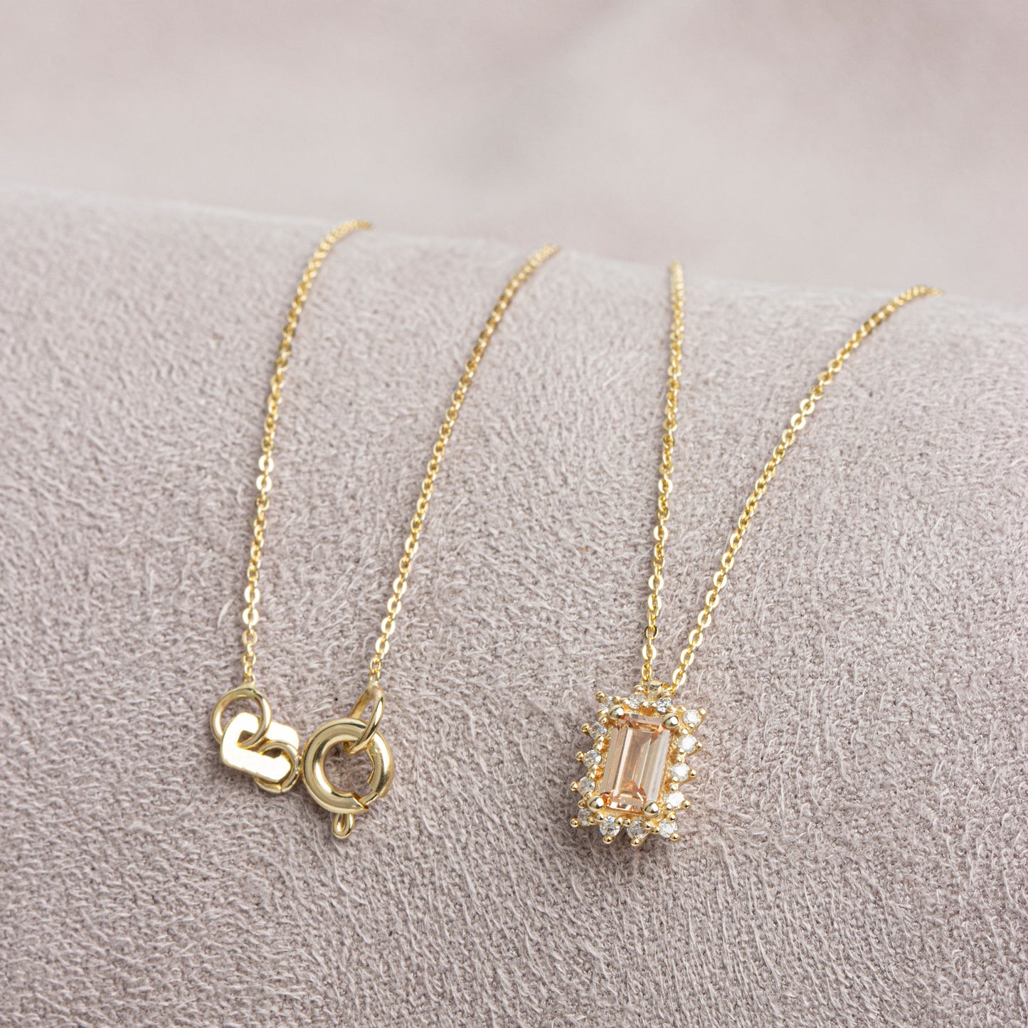 Rectangle Citrine Necklace with Real Diamond 14K Solid Gold, November Birthstone
