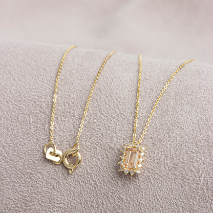 Rectangle Citrine Necklace with Real Diamond 14K Solid Gold, November Birthstone