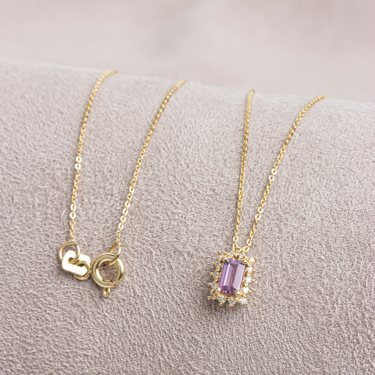 Rectangle Alexandrite Necklace with Real Diamond 14K Solid Gold, June Birthstone