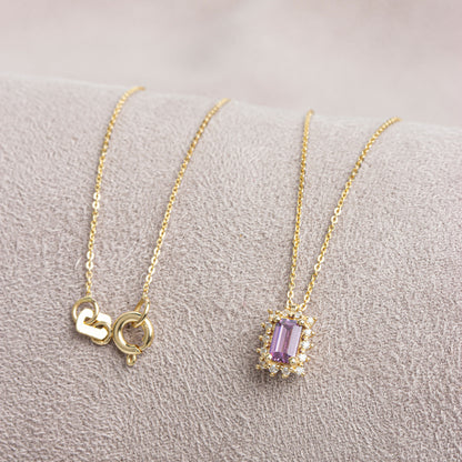 Rectangle Alexandrite Necklace with Real Diamond 14K Solid Gold, June Birthstone