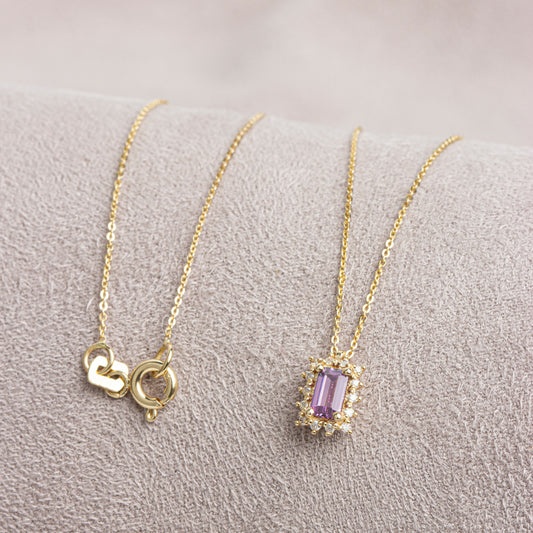 Rectangle Alexandrite Necklace with Real Diamond 14K Solid Gold, June Birthstone