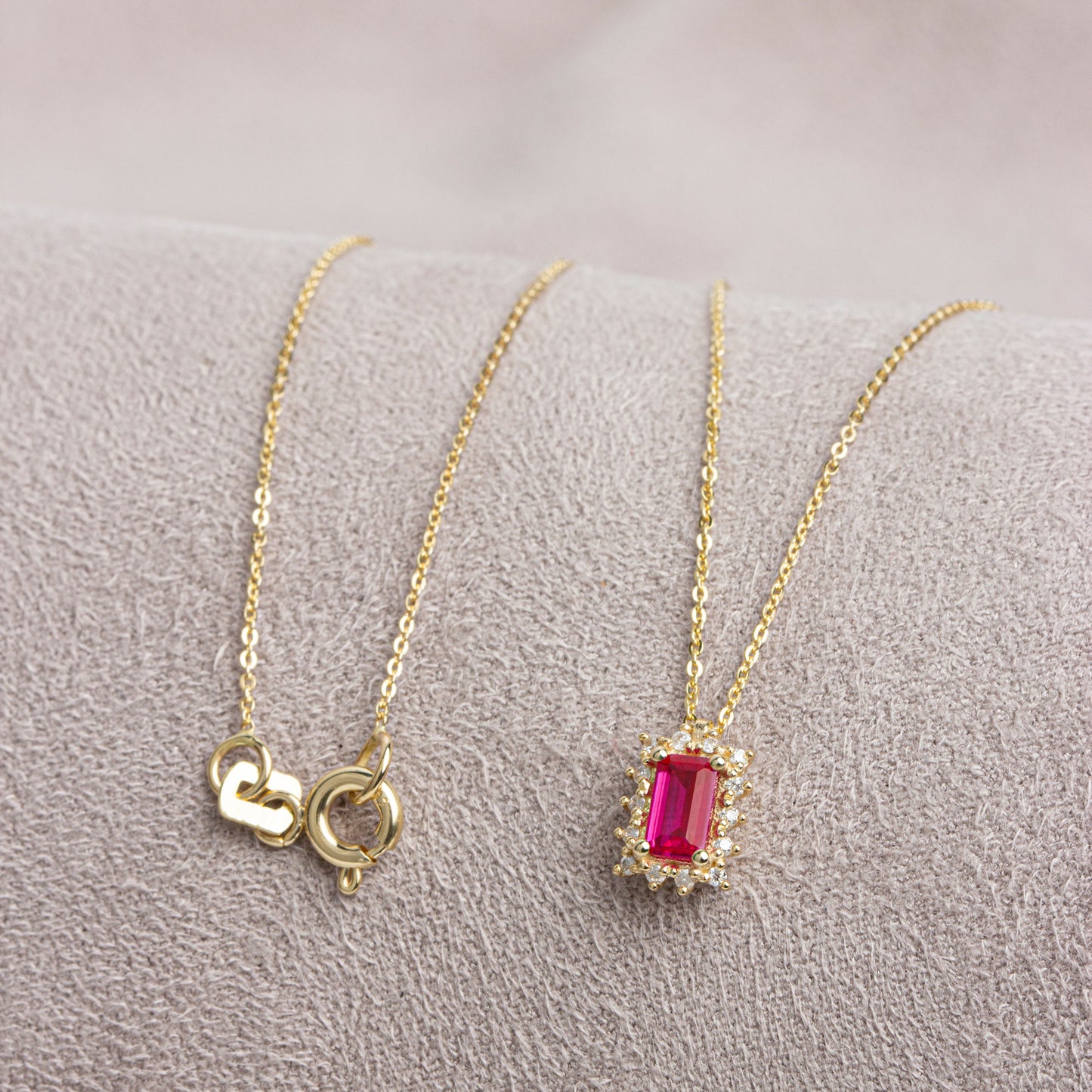 Rectangle Ruby Necklace with Real Diamond 14K Solid Gold, July Birthstone