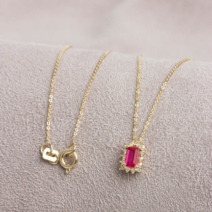 Rectangle Ruby Necklace with Real Diamond 14K Solid Gold, July Birthstone