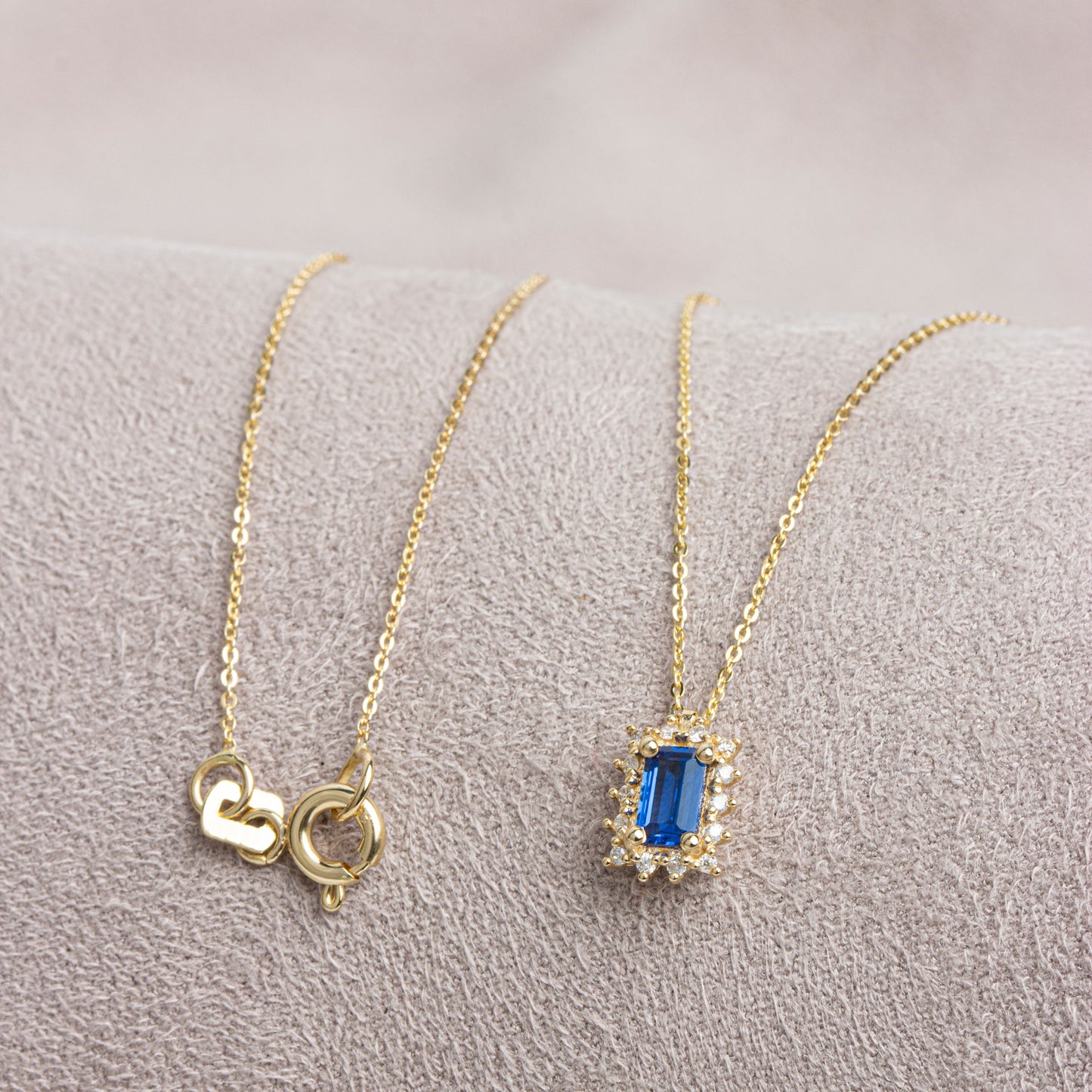 Rectangle Sapphire Necklace with Real Diamond 14K Solid Gold, September Birthstone