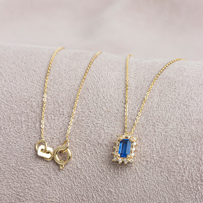 Rectangle Sapphire Necklace with Real Diamond 14K Solid Gold, September Birthstone