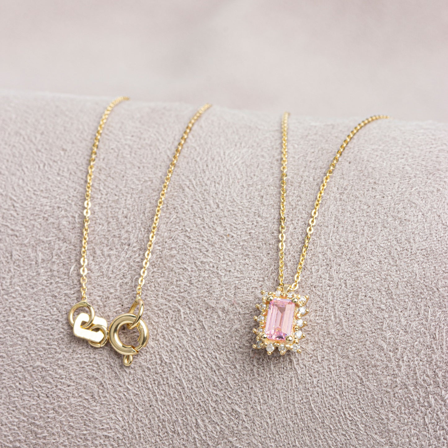 Rectangle Pink Tourmaline Necklace with Real Diamond 14K Solid Gold, October Birthstone