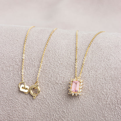 Rectangle Pink Tourmaline Necklace with Real Diamond 14K Solid Gold, October Birthstone