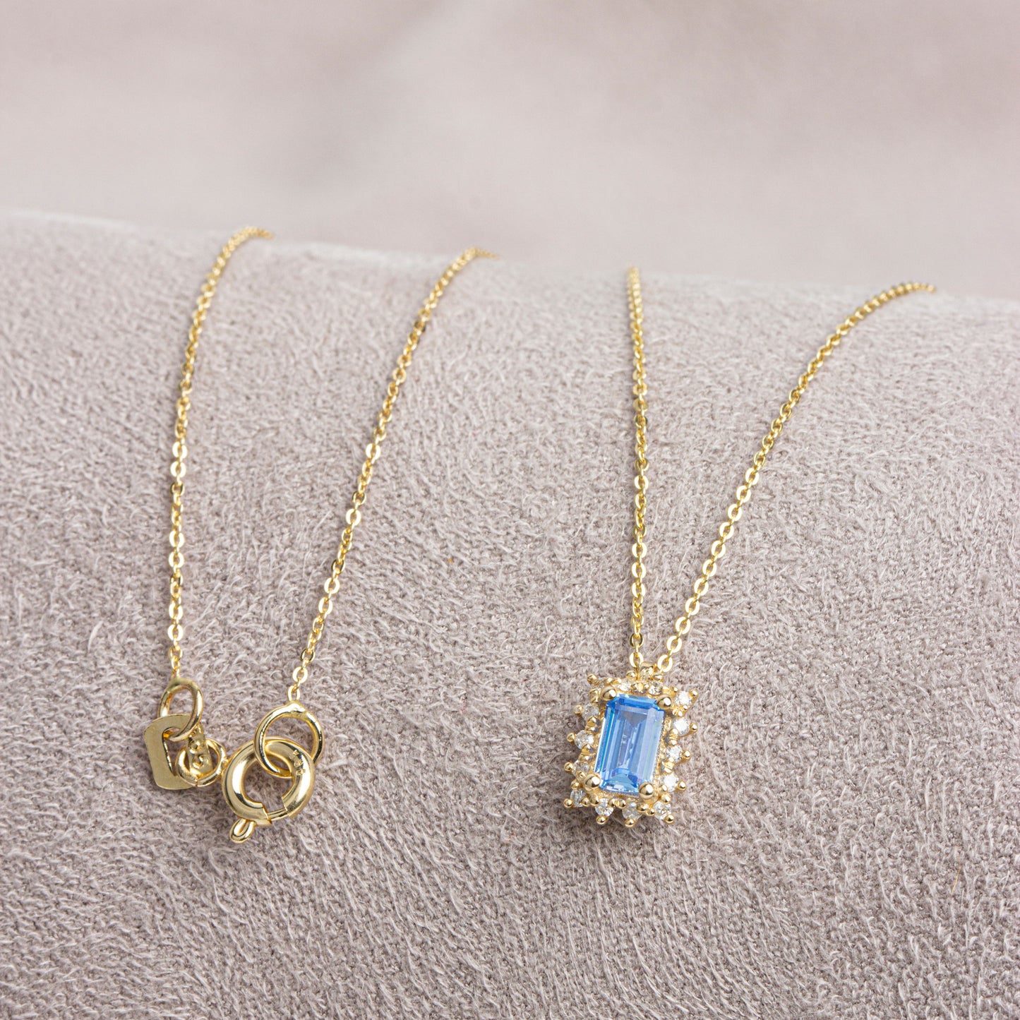Rectangle Blue Topaz Necklace with Real Diamond 14K Solid Gold, December Birthstone