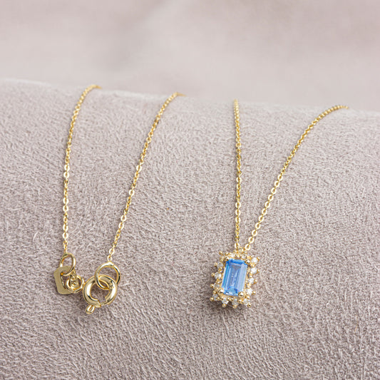 Rectangle Blue Topaz Necklace with Real Diamond 14K Solid Gold, December Birthstone