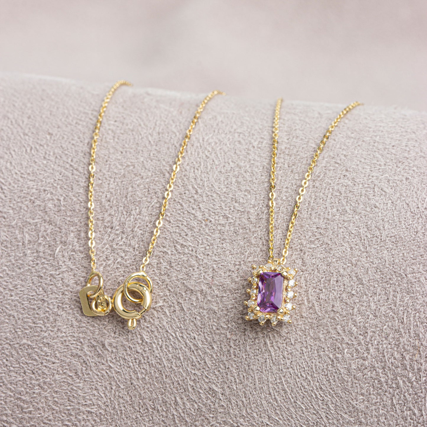 Rectangle Amethyst Necklace with Real Diamond 14K Solid Gold, February Birthstone