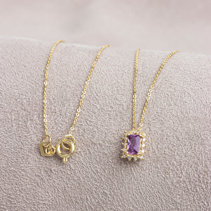 Rectangle Amethyst Necklace with Real Diamond 14K Solid Gold, February Birthstone