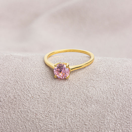 Round Pink Tourmaline Ring 8K/10K/14K Solid Gold, October Birthstone