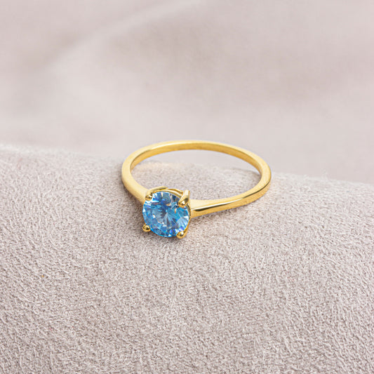 Round Aquamarine Ring 8K/10K/14K Solid Gold, March Birthstone